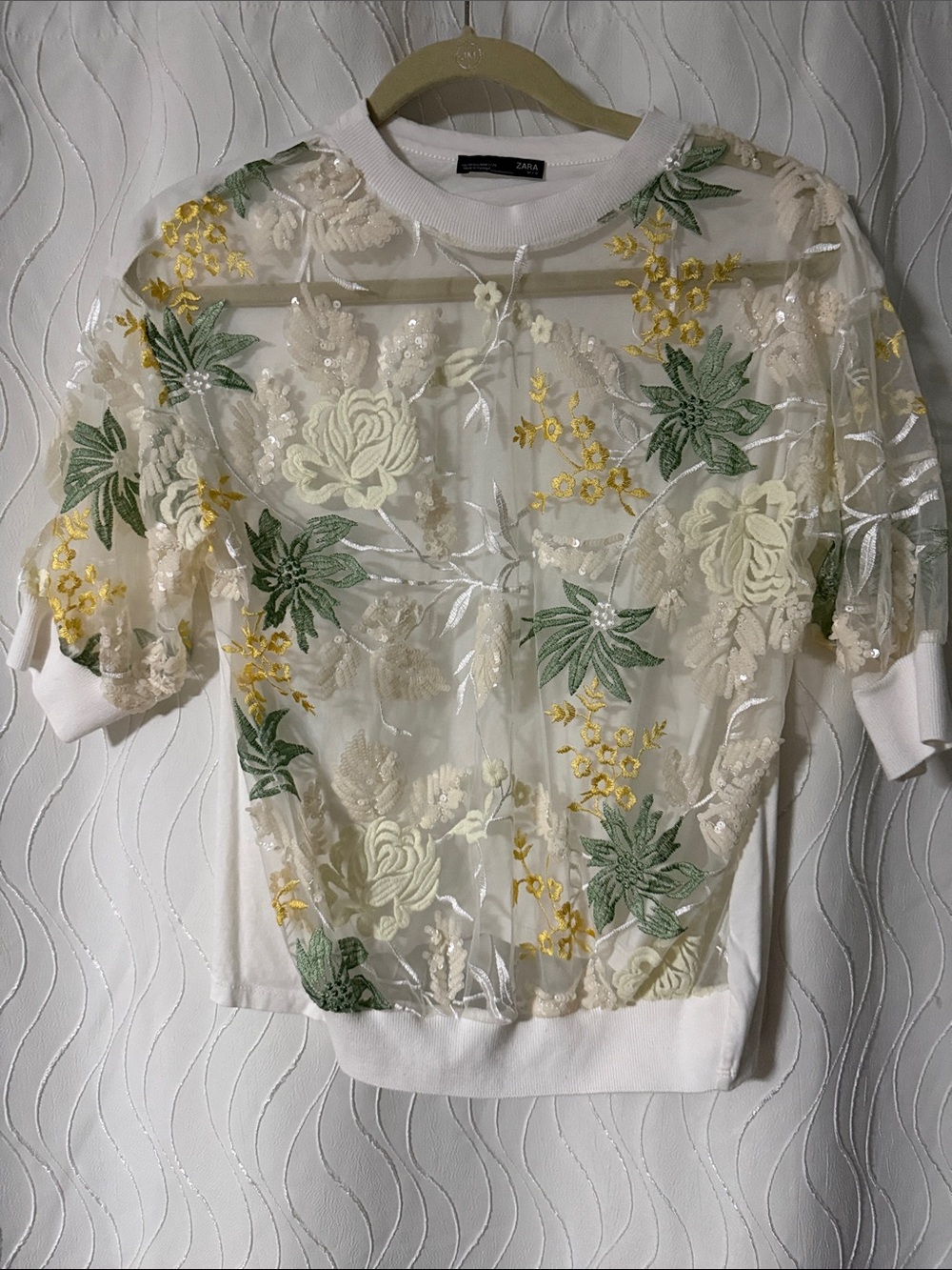 Zara White Sheer Floral Embroidered Short-Sleeve Top with Green & Yellow Accents